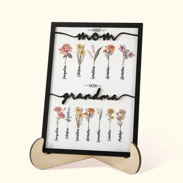 Discover Personalised First Mom Now Grandma Birth Flower Garden Wooden Plaque Frame Sign with Kid's Name Mother's Day Christmas Home Decor Gift for Grandma Mom