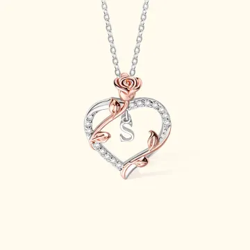 Discover Personalised Rose Initial Heart Pendant Necklace with Zircon Mother's Day Birthday Gift for Her