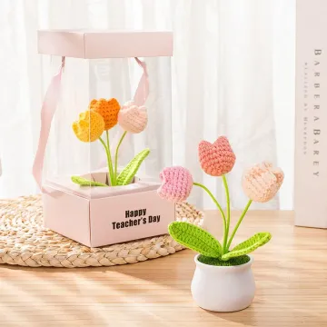 Discover Personalised Handmade Crochet Tulips Potted Plant with Text and Gift Box Desk Decor Birthday Appreciation Gift for Teacher Mother