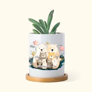 Discover Personalised Cute Family Bear Ceramic Plant Pot with 1-8 Names and Bamboo Base Mother's Birthday Gift for Family Friend
