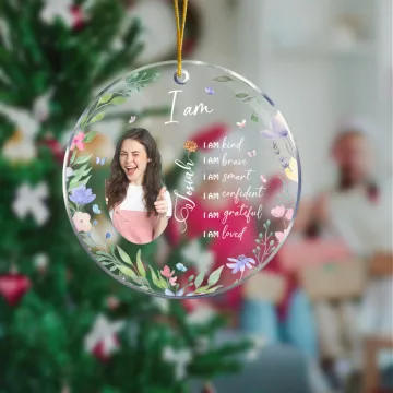 Discover Personalised Birth Flower Photo Acrylic Ornament with Name Tree Decoration Christmas Birthday Gift for Family Friend