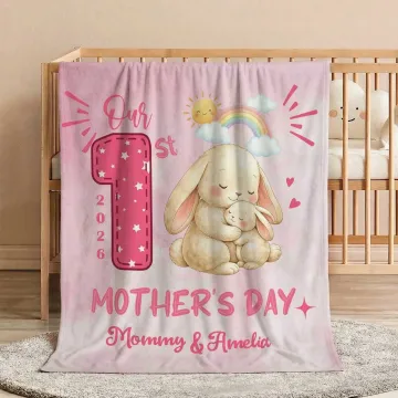 Discover Personalised Cute Animal Pattern Our 1st Mother's Day Soft Throw Blanket with Name and Year Home Deco Mother's Day Gift for New Mom Newborn
