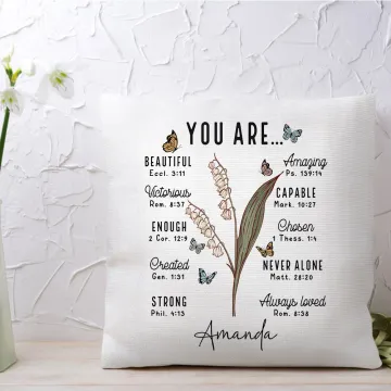 Discover Personalised You Are Bible Verse Birth Flower Soft Throw Pillow Cover with Name Home Decor Baptism Birthday Gift for Women Christian