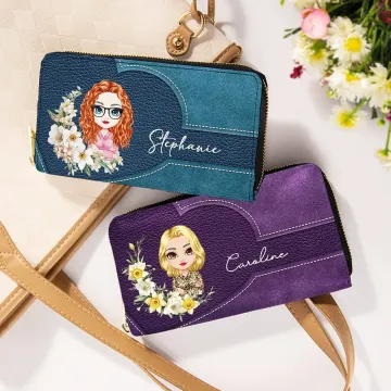 Discover Personalised Birth Flower Wreath Cartoon Character Name Leather Hand Clutch Wallet with Multiple Compartments Birthday Gift for Women