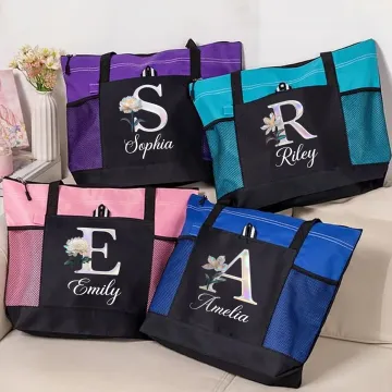 Discover Personalised Mother of Pearl Effect Birth Flower Initial Waterproof Mesh Tote Bag  with Name Birthday Christmas Anniversary Gift for Family Friends