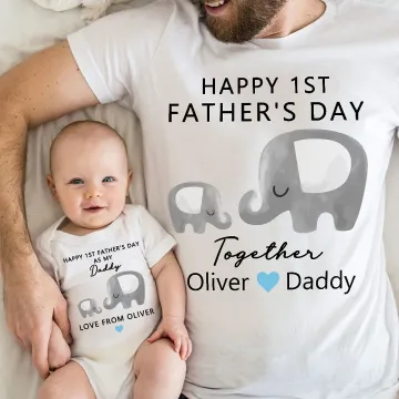 Discover Personalised Cute Elephant 100% Cotton T-shirt Baby Onesie with Name Happy 1st Father's Day Gift for Newborn New Dad