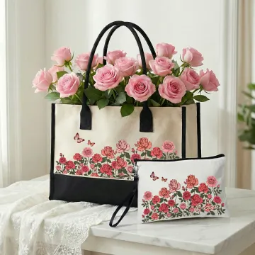 Discover Personalised Birth Flower Large Tote Bag Portable Makeup Bag with Name Birthday Mother's Day Gift for Mom Grandma Family