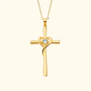 Discover Personalised Heart Cross Necklace with Birthstone Minimalist Christian Jewellery Religious Birthday Gift for Her