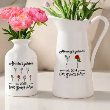 Discover Personalised Love Grows Here Birth Flower Garden Ceramic Flower Vase with Title and 1-12 Names Birthday Mother's Day Gift for Mom Grandma