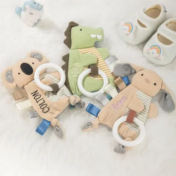 Discover Personalised Cute Dino Rabbit Koala Teether Crinkle Baby Security Blanket with Embroidered Name Birthday Baby Shower Gift for Newborns