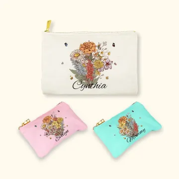Discover Personalised Birth Flower Bouquet Canvas Makeup Bag with Zipper and Name Bridal Party Mother's Day Gift for Mom Grandma