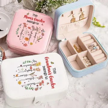 Discover Personalised Mom's Garden Heart 1-12 Birth Flowers PU Leather Jewellery Box Travel Accessory Mother's Day Birthday Gift for Mother Grandma