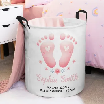 Discover Personalised Baby Footprint Waterproof Laundry Storage Basket with Name and Birth Information Baby Shower Housewarming Gift for Kids Family