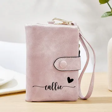 Discover Personalised Name Heart Design Tri-Fold PU Leather Wristlet Wallet with Card Holder Birthday Gift for Women