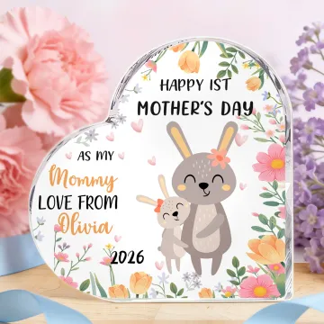 Discover Personalised Cute Cartoon Animal Heart-Shaped Acrylic Plaque with Name and Year Anniversary Mother's Day Gift for New Mom