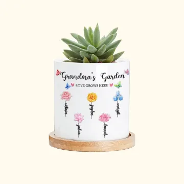 Discover Personalised Watercolour Birth Flower Garden Ceramic Plant Pot with Bamboo Base and Name Mother's Day Birthday Gift for Mom Grandma