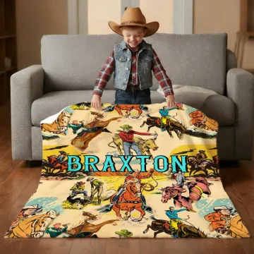 Discover Personalised Western Cowboy Comic-Style Soft Throw Blanket with Name Home Decor Birthday Baby Shower Gift for Newborns New Parents