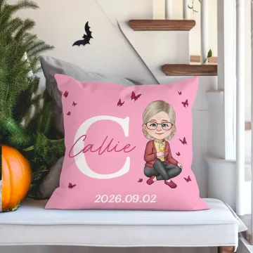 Discover Personalised Woman Cartoon Character Butterflies Design Cushion Cover with Initial & Name Home Decor Retirement Birthday Gift for Grandma Mom