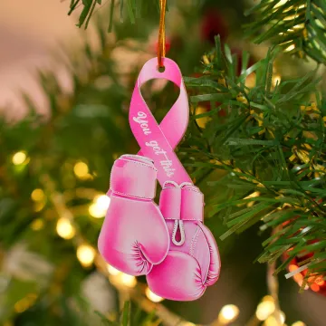 Discover Personalised Pink Ribbon Boxing Gloves Design Beating Breast Cancer Ornament with Text Car Decor Gift for Women Cancer Fighters