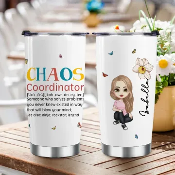 Discover Personalised Chaos Coordinator Cartoon Character 20oz Name Tumbler with Straw and Brush Birthday Appreciation Gift for Family Friend