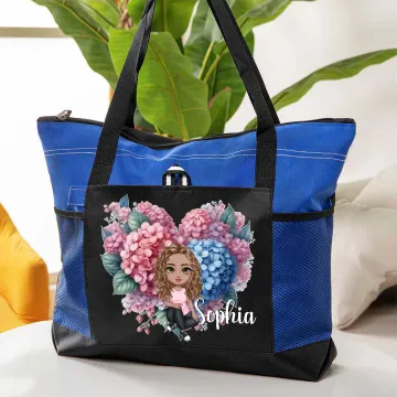 Discover Personalised Cartoon Character Floral Heart Wreath Zippered Canvas Tote Bag with Name Travel Accessory Birthday Gift for Family Friends