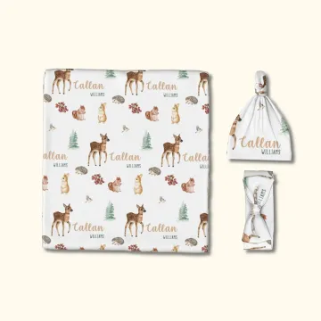 Discover Personalised Christmas Woodland Animal Baby Swaddling Clothes Set with Baby Name Birthday Welcome Baby Shower Gift for Baby Newborn Mother