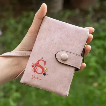 Discover Personalised Birth Flower Bouquet Cartoon Character Leather Folded Wristlet Wallet with Name and Initial Birthday Anniversary Gift for Women