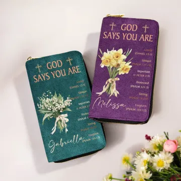 Discover Personalised God Says You Are Birth Flower Bouquet PU Leather Long Wallet with Name and Bible Verse Positive Affirmation Religious Gift for Christian