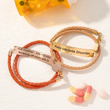 Discover Personalised Medical Alert Hammered ID Tag Double Wrap PU Leather Bracelet with Magnetic Clasp and Engraved Text Emergency Survival Gift for Men Women