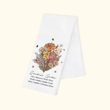 Discover Personalised Retro Birth Flower Bouquet Waffle Cotton Tea Towel with Name Garden Theme Kitchen Decoration Housewarming Family Gift for Mom Grandma