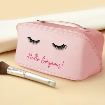 Discover Personalised Eyelashes Leather Wide Opening Makeup Bag with Name Travel Accessory Birthday Gift for Her