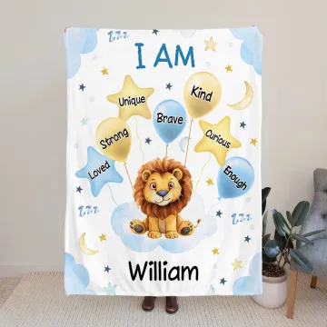 Discover Personalised Cute Lion Elephant Animal Soft Throw Blanket with Name and Positive Affirmations Birthday Baby Shower Gift for Newborn Kids