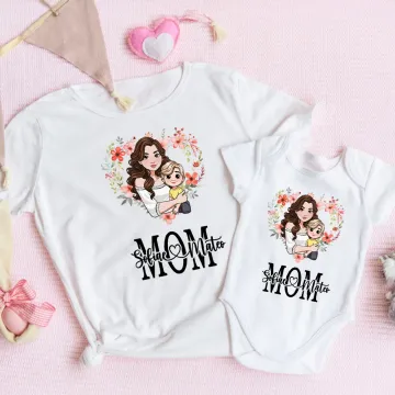 Discover Personalised Heart Shaped Wreath Cartoon Mom and Kid Bodysuit T-shirt Set with Names Mother's Day Birthday Gift for Mom