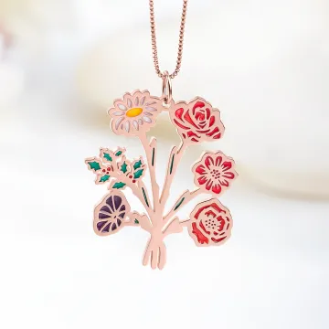 Discover Personalised 1-7 Enamel Birth Flower Family Bouquet Pendant Necklace Birthday Mother's Day Gift for Mom Grandma