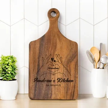 Discover Personalised Engraved Heart Gesture Name Date Wooden Cutting Board with Handle Made in USA Housewarming Mother's Day Gift for Mom Family