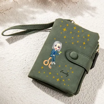 Discover Personalised Cartoon Character Zodic Tri-Folded Leather Name Wallet with Card Holder Wristlet Birthday Gift for Women Girls