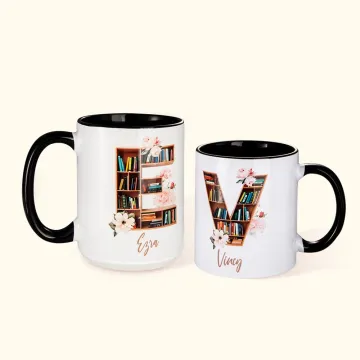 Discover Personalised Bookshelf Alphabet Letter Ceramic Coffee Mug with Name Birthday Mother's Day Gift for Teacher Book Lover Librarian