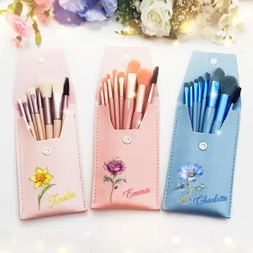 Discover Personalised Retro Oil Painting Birth Flower Name Makeup Brush Bag with 8 Pcs Makeup Brushes Anniversary Party Birthday Gift for Women