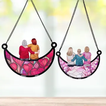 Discover Personalised Cartoon Character Back View Moon Shape Window Hanging Suncatcher with Names Home Decor Mother's Day Birthday Gift for Mom Grandma