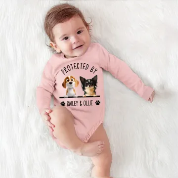 Discover Personalised Protected By 1-3 3D Cartoon Dogs 100% Cotton Baby Bodysuit with Name Baby Shower Birthday Gift for Babies Newborns