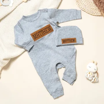 Discover Personalised 100% Cotton Baby Boy Romper Hat with PU Leather Name Patch Baby Shower Birthday Gift for Newborn New Parent