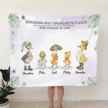 Discover Personalised Watercolor Duck Flock Tassel Soft Throw Blanket with Names and Title Mother's Day Birthday Gift for Grandma Family