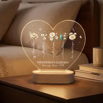 Discover Personalised Birth Flower Heart Shape Acrylic LED Night Light with Name and Wooden Base Mother's Day Birthday Gift for Mom Grandma