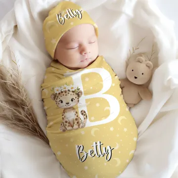 Discover Personalised Flower Wreath Animals 100% Cotton Swaddle Blanket and Hat Set with Name Birthday Baby Shower Gift for Newborns Babies