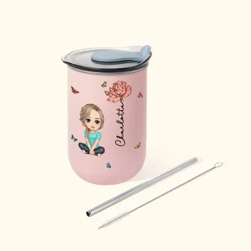 Discover Personalised Cartoon Character Birth Flower 12oz Name Insulated Coffee Tumbler with Straw and Lid Travel Essentials Party Favors Gift for Women Girls