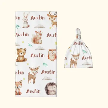 Discover Personalised Bear Squirrel Woodland Animal Swaddle Blanket and Hat Set with Name Birthday Baby Shower Gift for Newborn Kids
