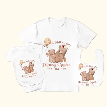 Discover Personalised Watercolor Cute Bears 100% Cotton T-Shirt Baby Onesie Bib with Name Our First Mother's Day Gift for Mom Baby