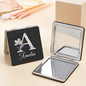 Discover Personalised Pearl Effect Birth Flower Double-Sided 1X 2X Makeup Pocket Mirror with Name and Initial Anniversary Birthday Gift for Women