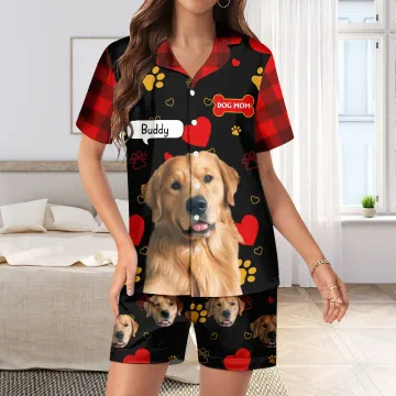 Discover Personalised Cute Paw Print Bone Pet Photo Soft Short Sleeve Pyjama Set with Title and Name Anniversary Birthday Gift for Pet Lovers Owners