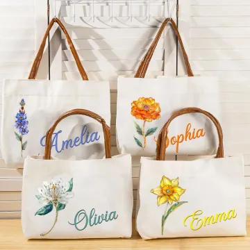 Discover Personalised Retro Birth Flower Gemstone Name Large Capacity Canvas Bag with Leather Handle Birthday Mother's Day Bridal Shower Gift for Women